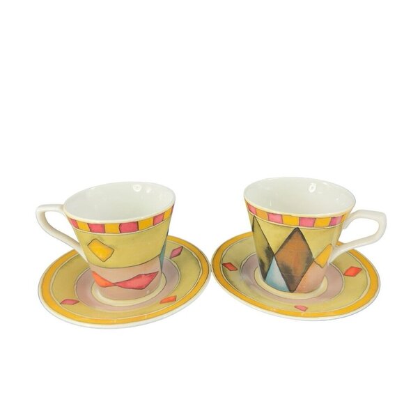 Sasaki Palazzo Teacup And Saucer Set Diamond Square Ceramic Set 2 Paula Zanger - Picture 1 of 16